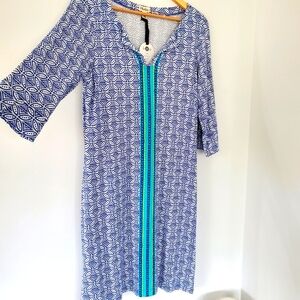 NWT HATLEY Sz L Blue Boho CLEARWATER Print Casual Dress 3/4 Sleeve V Neck Comfy